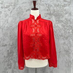 Lily of France Vintage 70s Red Mandarin Collar Puff Sleeve Lace Blouse